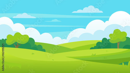 Open Meadow Scene in Vector Art Style with Distant Trees and Sky
