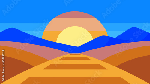 Peaceful Cartoon Sunrise Over Layered Blue Hills with Soft Morning Glow