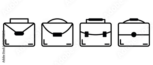 Set of four professional briefcase icons with varied flap shapes, handles, and clasps for stylish business design