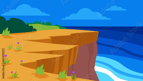 Dramatic Coastal Cliff Scene in Cartoon Vector Style Ocean Landscape