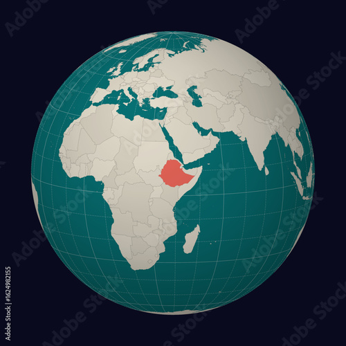 Federal Democratic Republic of Ethiopia on the map. Globe centered to Ethiopia. Country location on the world map. Teal Pale Mint color palette. Globe with countries, meridians and parallels.