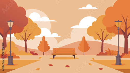 Autumn Themed Vector Art Scene of a Quiet Park with Fallen Leaves