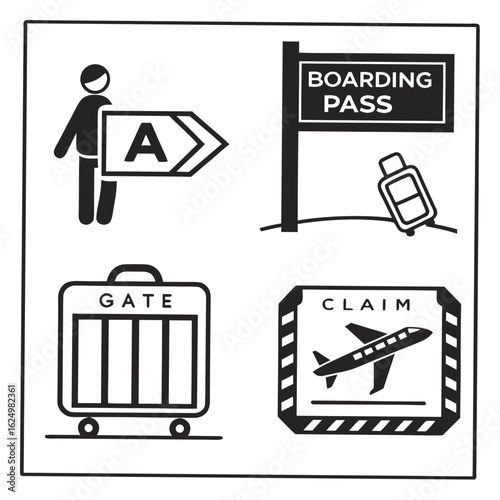 Collection of airport icons representing travel information including gate boarding pass luggage claim and directional signage