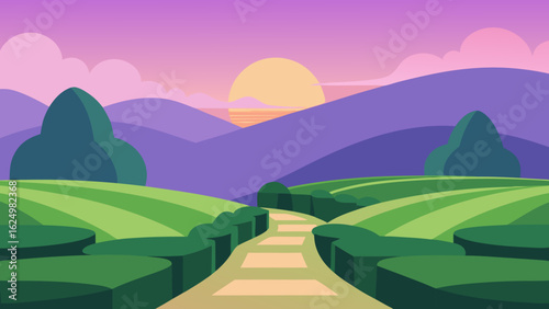 Peaceful Hilltop Garden Vector Art Illustration with Scenic Landscape View