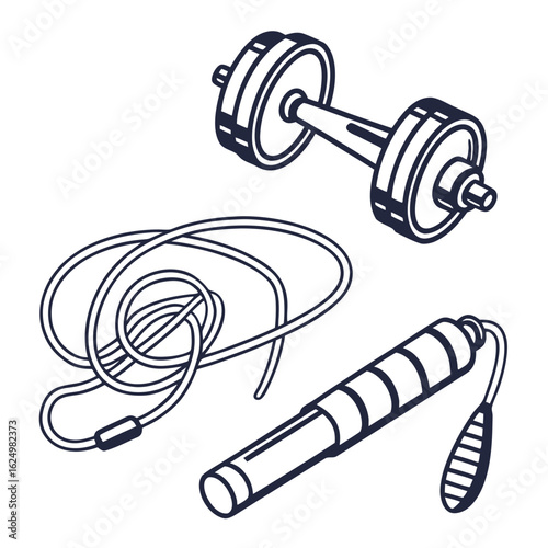 Collection of stylized line art illustrations of fitness equipment including a dumbbell and two jump ropes