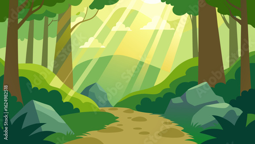 Lush 2D Vector Forest Clearing with Small Mounds and Greenery Scene