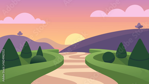 Peaceful Hilltop Garden Vector Art Illustration with Scenic Landscape View