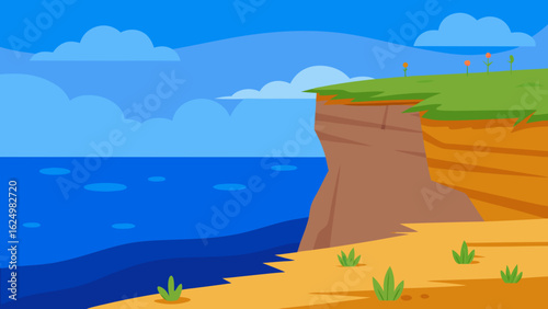 Dramatic Coastal Cliff Scene in Cartoon Vector Style Ocean Landscape