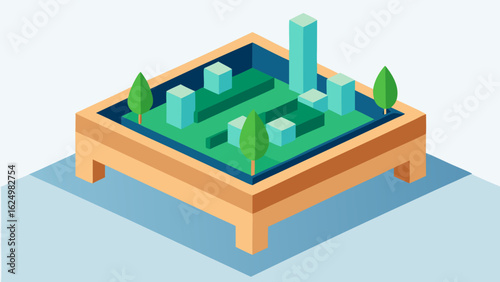Modern Isometric Rooftop Garden Vector Art with Greenery and Urban Views