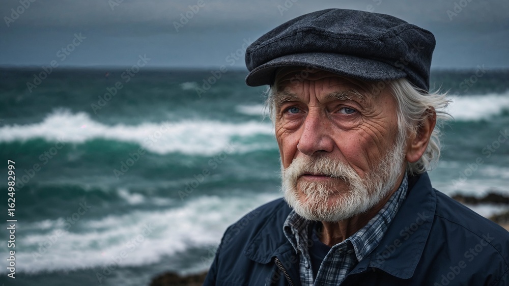 A fisherman with a white beard wearing a hat by the ocean portrait. Generative AI A fisherman with a white beard wearing a hat by the ocean portrait. Generative AI