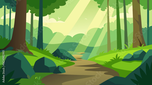 Lush 2D Vector Forest Clearing with Small Mounds and Greenery Scene