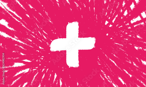 White plus symbol on intense pink brush background. Modern and attention-grabbing visual.