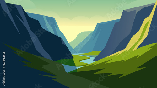Secluded Mountain Lake Vector Illustration with Peaceful Nature Scene