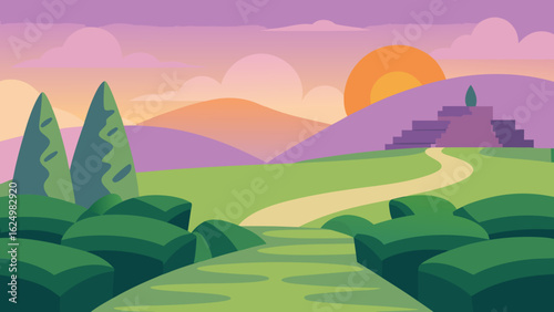 Peaceful Hilltop Garden Vector Art Illustration with Scenic Landscape View