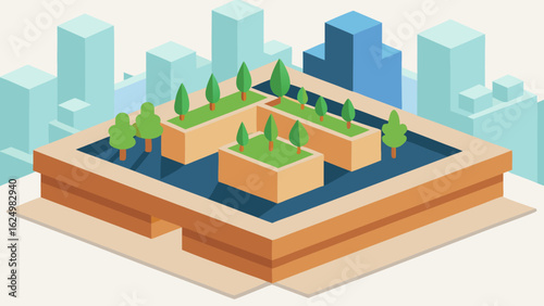 Modern Isometric Rooftop Garden Vector Art with Greenery and Urban Views