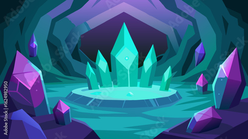Imaginative Fantasy Vector Art of a Shimmering Crystal Cave Environment