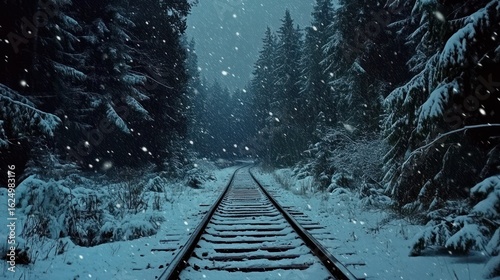 Snowy train tracks through a dark forest.  A winter scene with falling snow