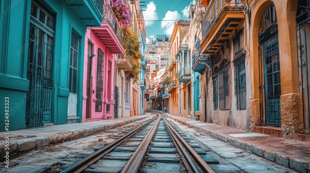 Naklejka premium Colorful street with train tracks. Narrow alleyway lined with vibrant pastel-colored buildings. Perspective leads down the street towards distant buildings. A railway track runs through the center