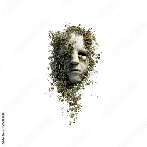 Stone Face Reclaimed by Nature A Surreal Portrait of Overgrown Sculpture