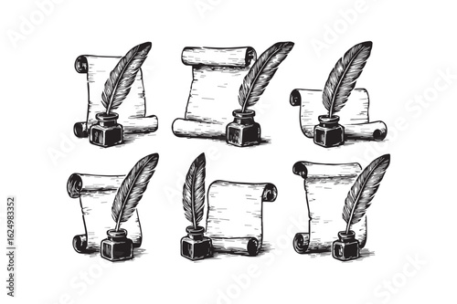 Vintage Quill Pen and Scroll Paper Set – Hand Drawn Black and White Line Art