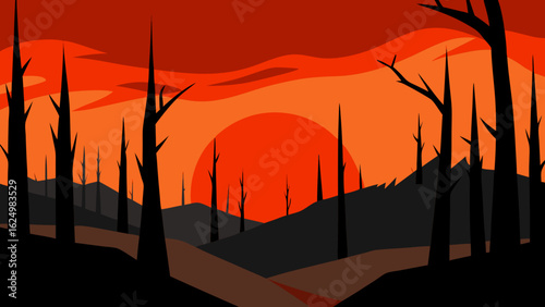 Burnt Forest Terrain Blackened Trunks Smoke Nature Landscape Illustration