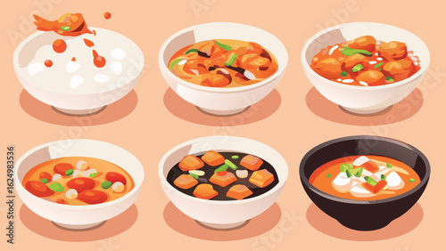 Illustration of six bowls each containing a different type of soup or stew on a light background