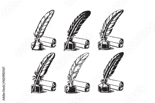 Vintage Quill Pen and Scroll Paper Set – Hand Drawn Black and White Line Art