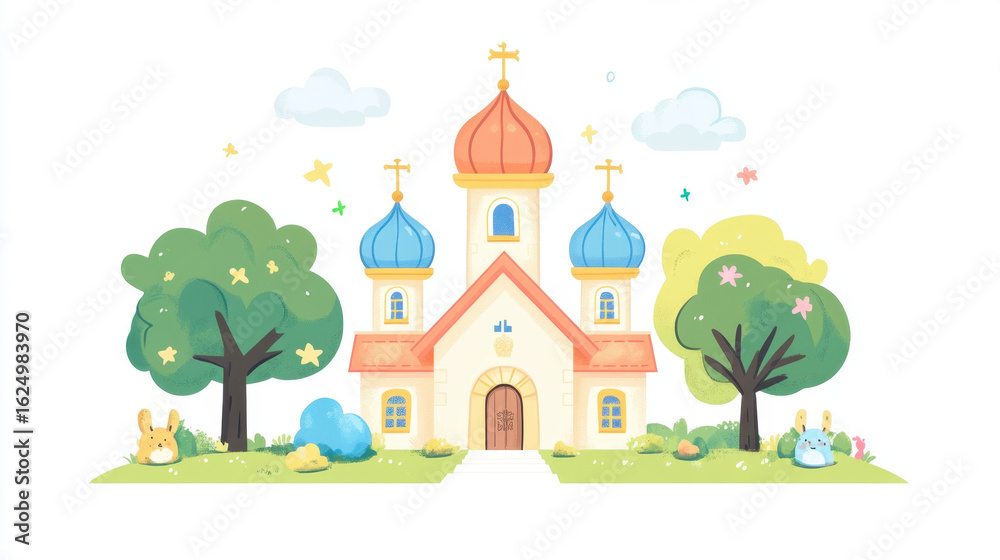 Naklejka premium Charming Pixel Art Church Illustration with Bunnies