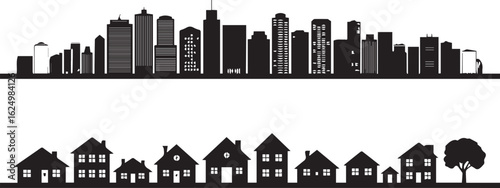vector city skyline and suburban houses detailed illustration for urban planning and real estate marketing
