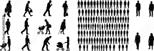 Silhouette collection of walking people, families with strollers, elderly figures, and crowd icons in vector style for design use