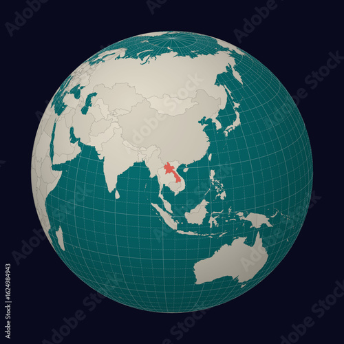 Lao People's Democratic Republic on the map. Globe centered to Laos. Country location on the world map. Teal Pale Mint color palette. Globe with countries, meridians and parallels.