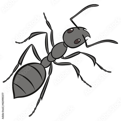 A small red ant cartoon with large antenna is carrying a big ant on a white isolated background for a coloring page illustration