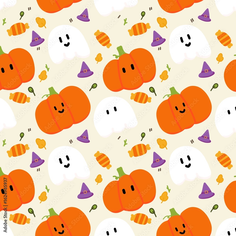 Fototapeta premium Seamless Halloween Pattern – Cute Pumpkins, Ghosts, Candies and Witch Hats – Kawaii Digital Paper