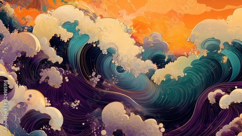 Wallpaper Mural Abstract, vibrant waves in teal, gold, and purple.  Sunrise or sunset sky Torontodigital.ca