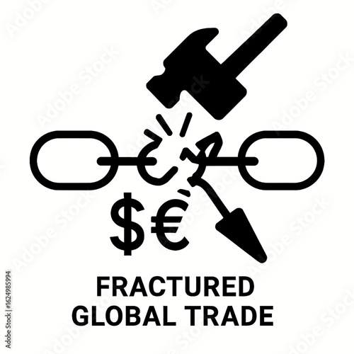 A hammer breaks a chain linking dollar and euro symbols, representing fractured global trade and economic volatility in a symbolic illustration.