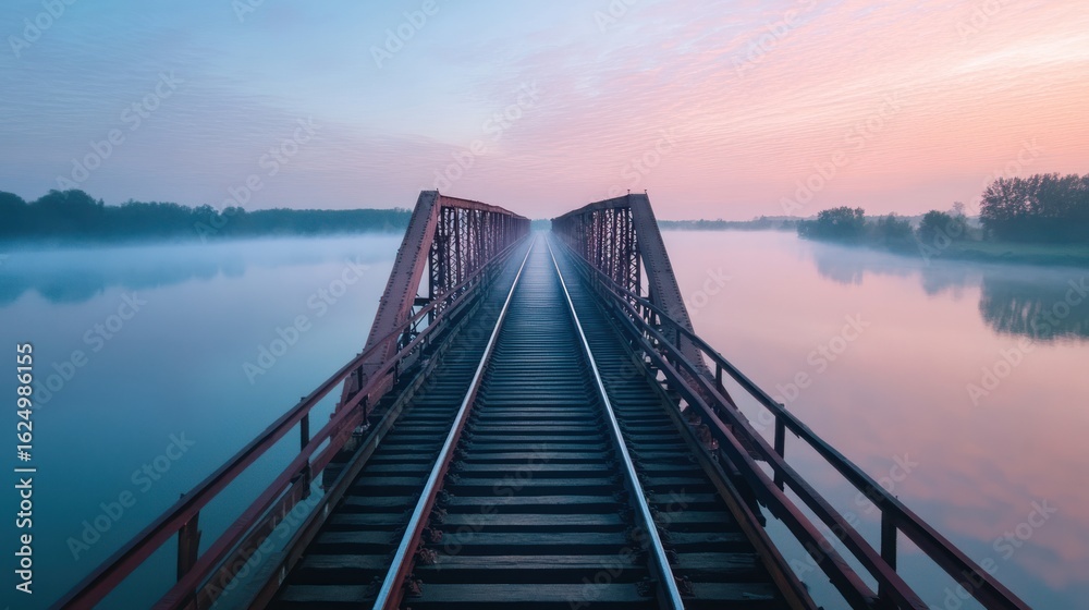 Fototapeta premium Misty sunrise over a railway bridge spanning a tranquil river (1)