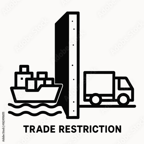 A minimalist vector illustration depicting a trade restriction barrier between a cargo ship and a delivery truck, symbolizing economic volatility and global trade challenges.