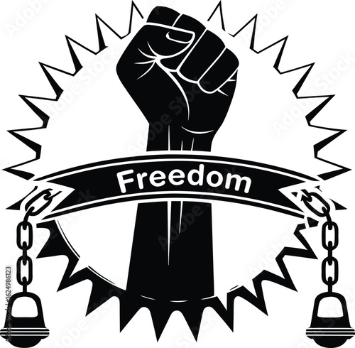 Symbolic representation of a raised fist breaking chains and bursting through a jagged circle with the word freedom displayed prominently