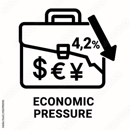 Financial crisis icon with currency symbols and downward trend arrow symbolizing economic volatility and market decline.