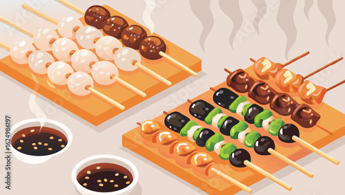 Illustration of assorted grilled skewers on wooden boards with dipping sauces served alongside them