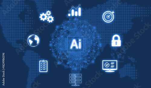 AI Technology Network with Global Data and Security Icons