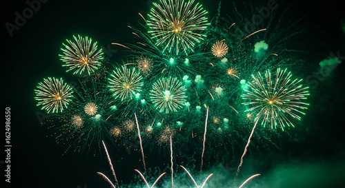 Green Fireworks Display in Night Sky for 14th of August