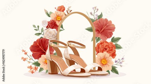 Elegant sandals with floral arrangement on light background  