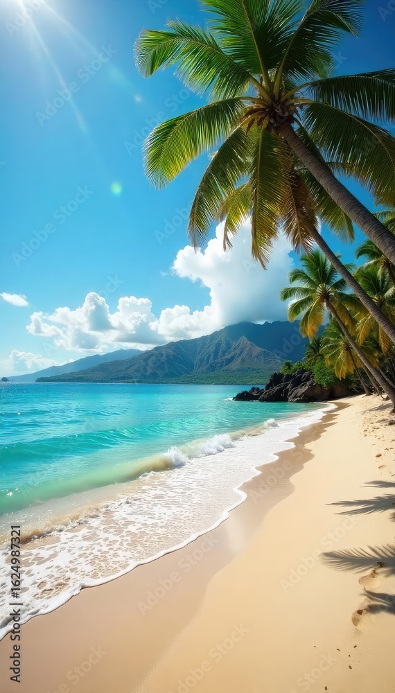 Obraz premium Relaxing on a sun-drenched beach in Hawaii, turquoise water laps gently at the shore, palm trees sway in the warm breeze Perfect island escape , idyllic, turquoise, coast