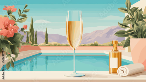 Champagne glass by swimming pool with flowers and bottle in summer  