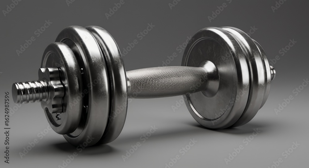 Metallic Dumbbell with Knurled Handle on Gray Background for Fitness and Workout Equipment Metallic Dumbbell with Knurled Handle on Gray Background for Fitness and Workout Equipment