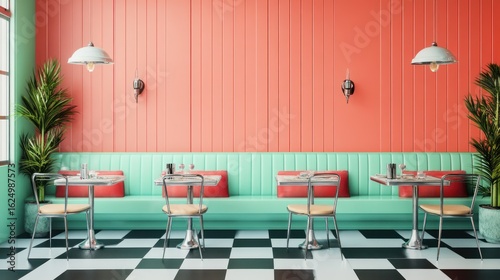 Retro diner interior, coral and mint green