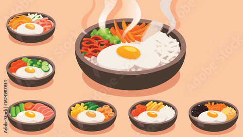 Illustration of various bibimbap bowls with different toppings and a peach background color