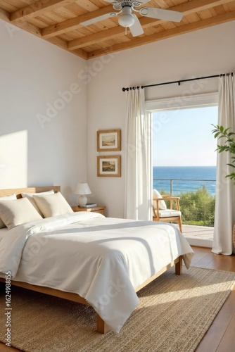 Sun-drenched California bedroom with coastal vibes  Whitewashed walls, natural wood accents, and a relaxed, airy atmosphere  Perfect for a tranquil getaway  ,  lamp,  home,  natural