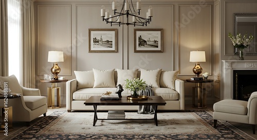 Transitional Living Room with Neutral Palette and Classic Decor